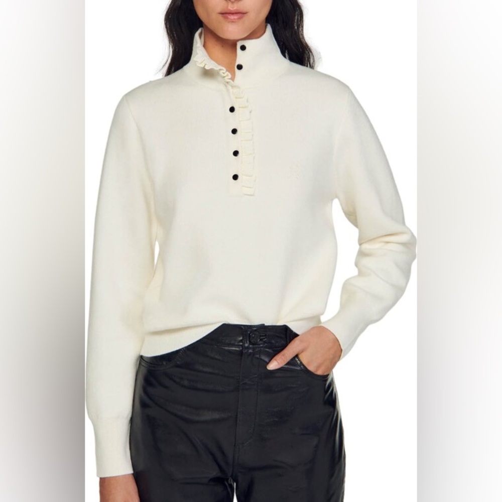 Sandro Clo Clo Ruffle Neck White Sweater, size 1